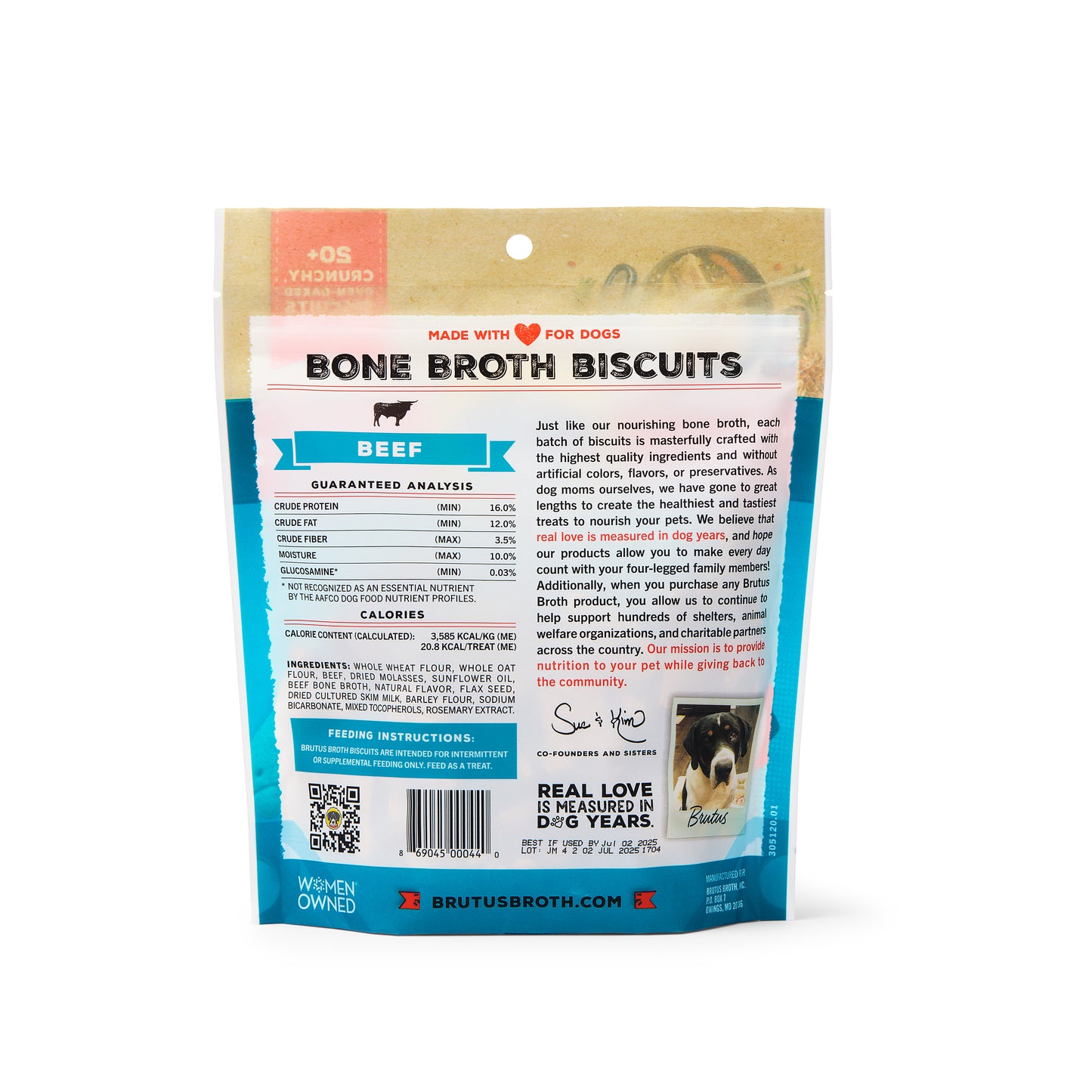 Beef Brutus Bone Broth Biscuits back of bag. See product description for nutritional analysis and feeding instructions