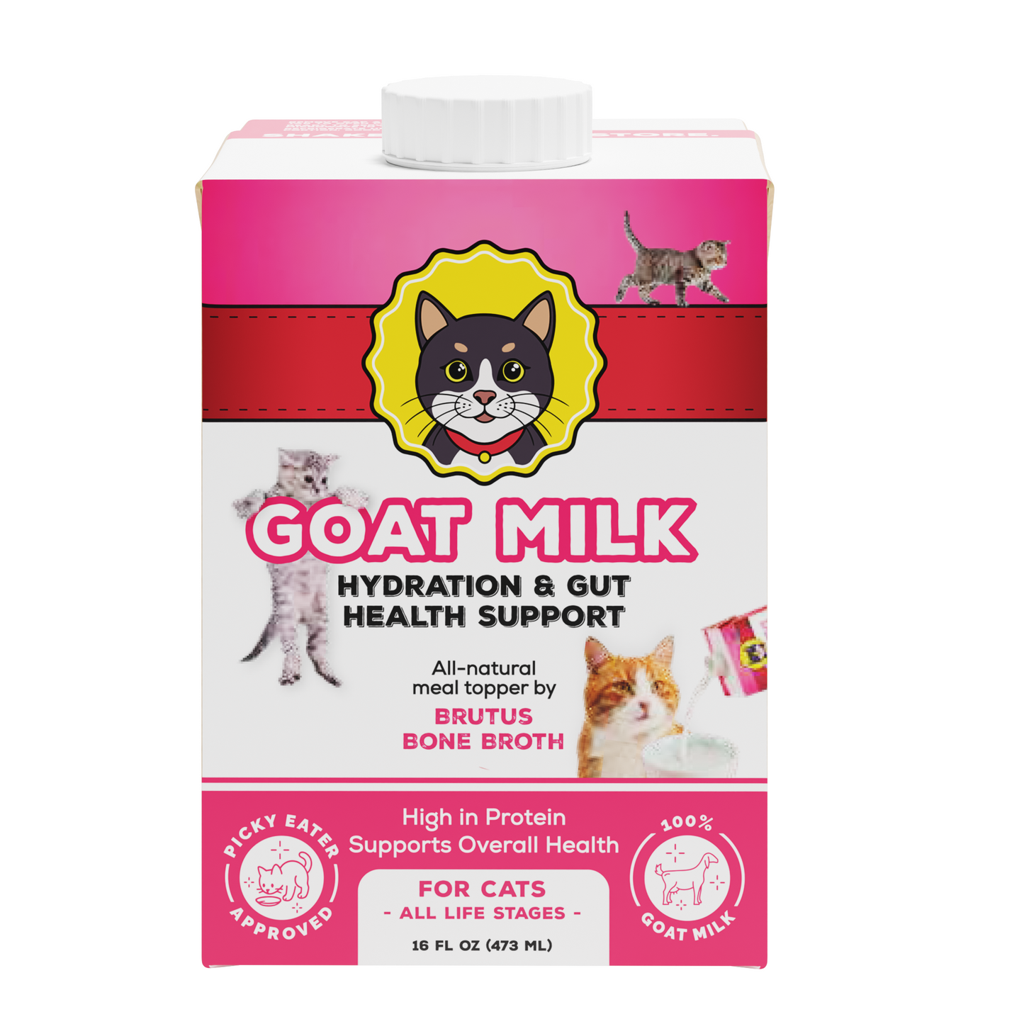 Front view of Brutus Broth Goat Milk for Cats carton: Hydration and gut health support headline on white background