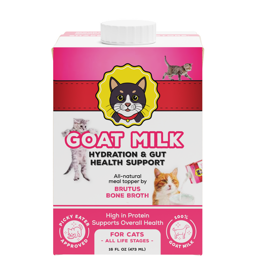 Carton of goat milk for cats with images of cats and text on a white background