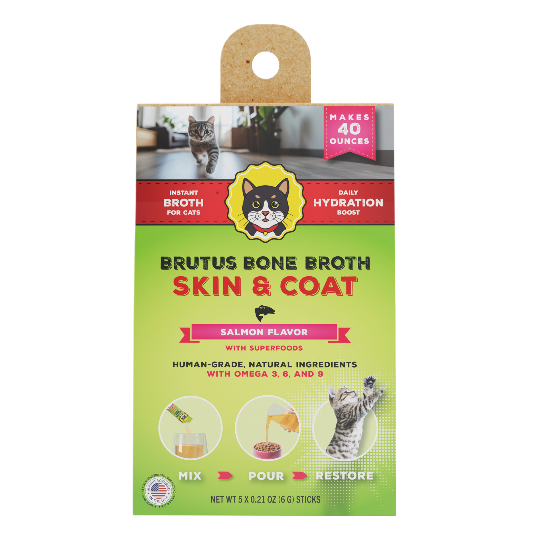 Front view of Brutus Bone Broth Skin & Coat salmon-flavor pouch showing "Instant Broth for Cats", "Daily Hydration Boost", and "Makes 40 ounces"