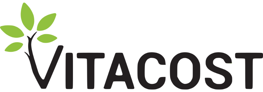 Vitacost logo with green leaves on a white background