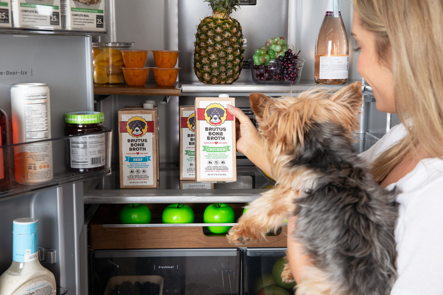 A human holds Brutus Bone Broth Chicken formula while holding a small dog