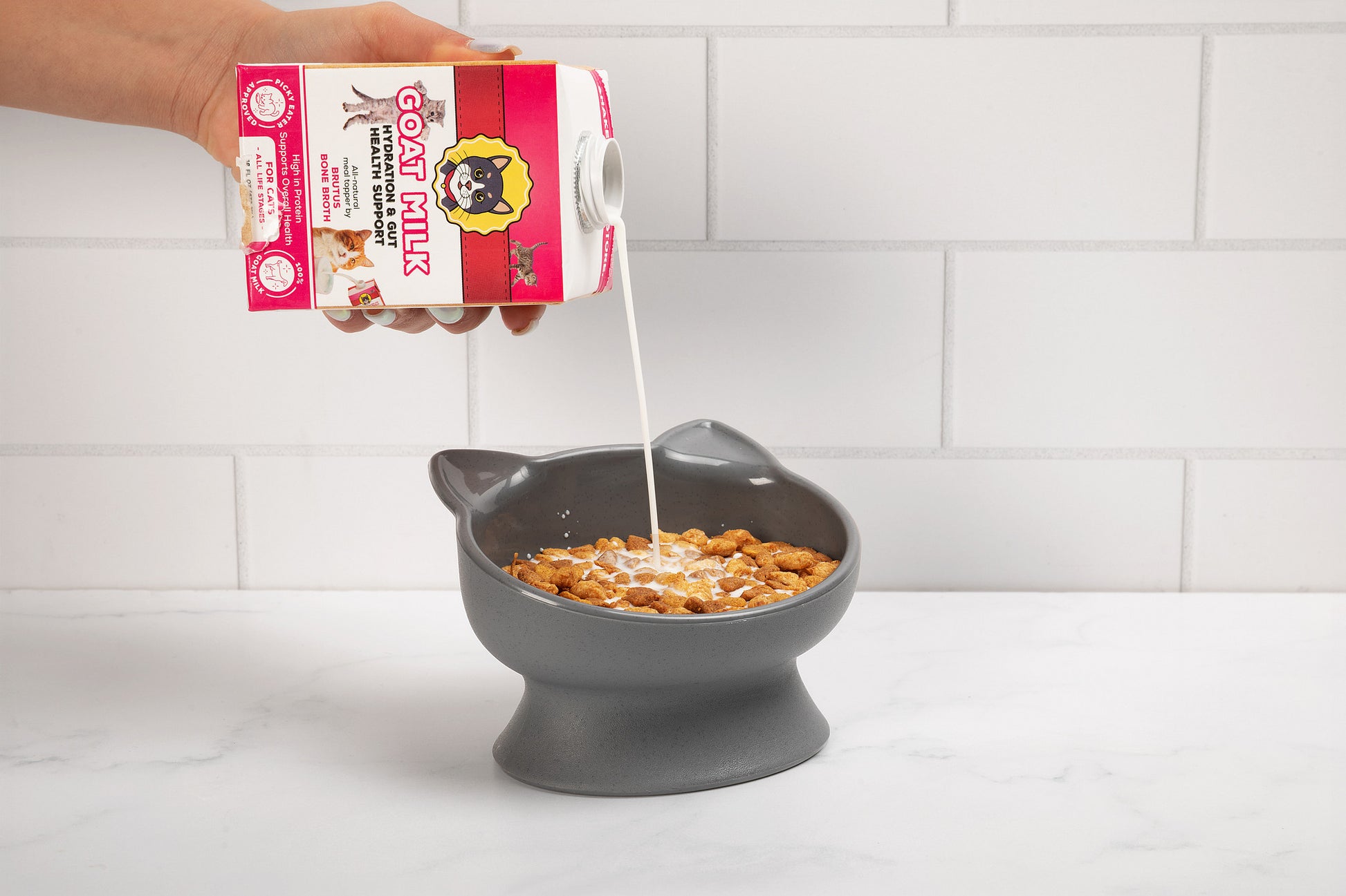 Hand pouring a carton of goat milk labeled "Goat Milk for Cats" into a gray cat-shaped bowl of kibble on a white tiled counter