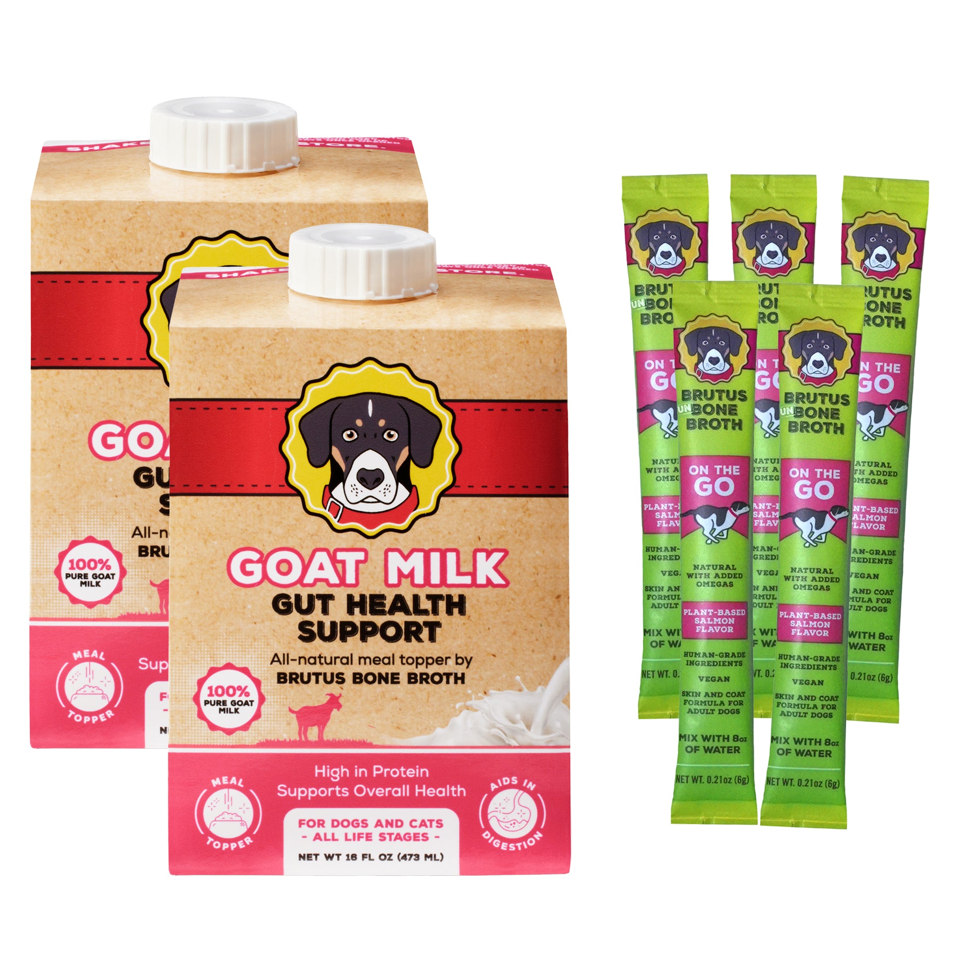 Two boxes of Goat Milk by Brutus Broth and five sticks of Brutus Broth on the Go Vegetable Flavor on a white background