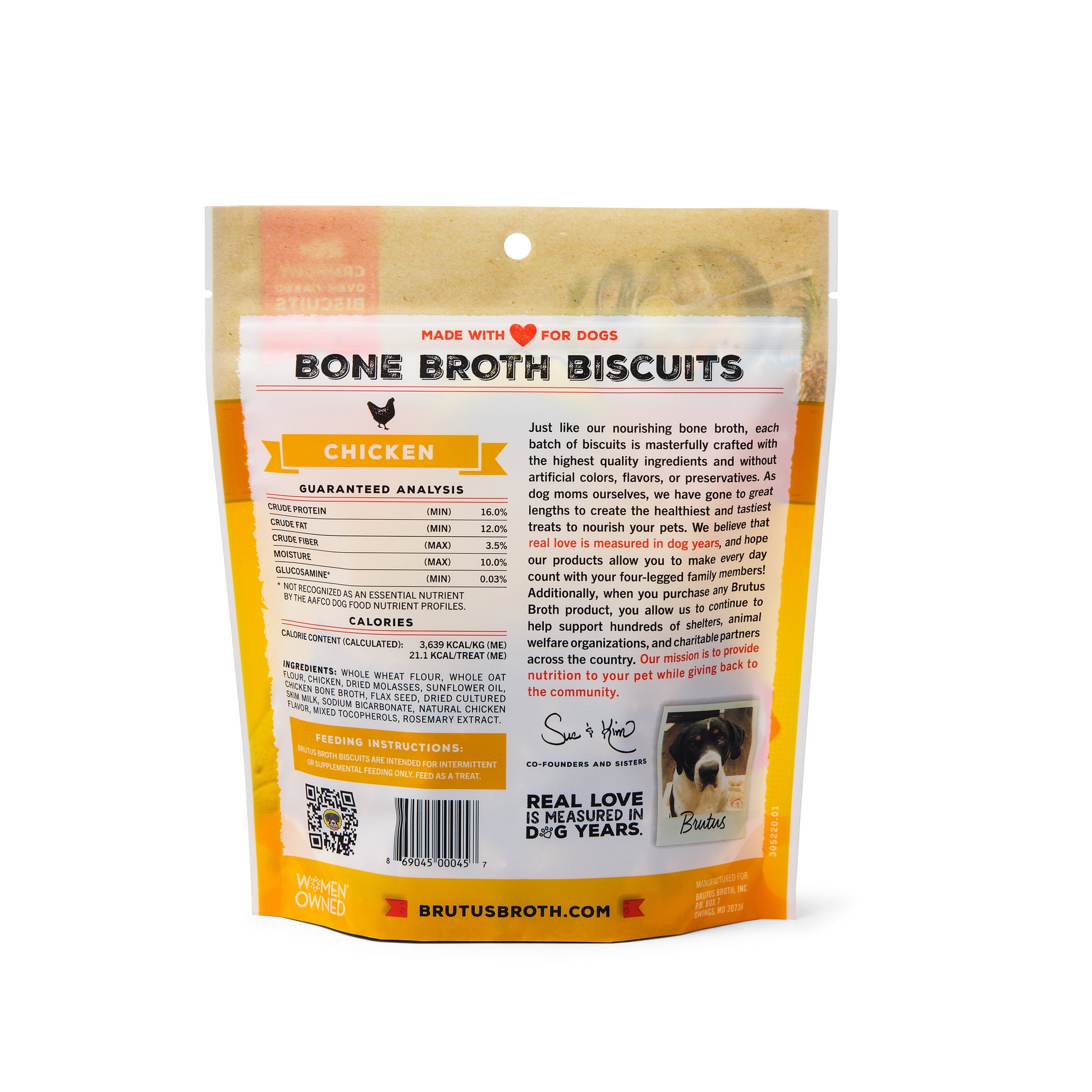 Chicken Brutus Bone Broth Biscuits back of bag. See product description for nutritional analysis and feeding instructions