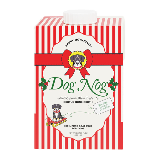 Dog Nog packaging with red and white striped design and Christmas-themed graphics.