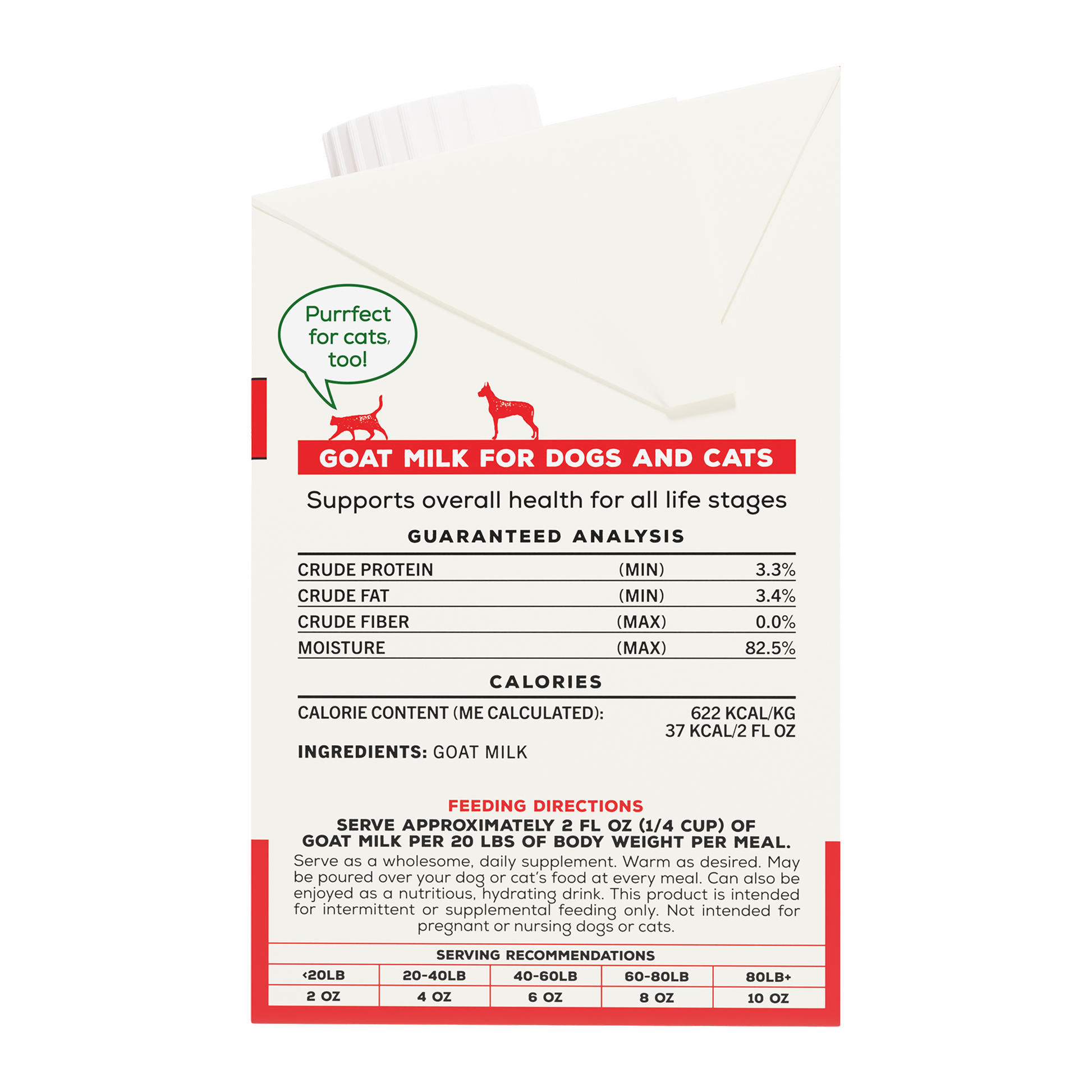 Goat Milk packaging for dogs and cats with nutritional information and feeding directions.