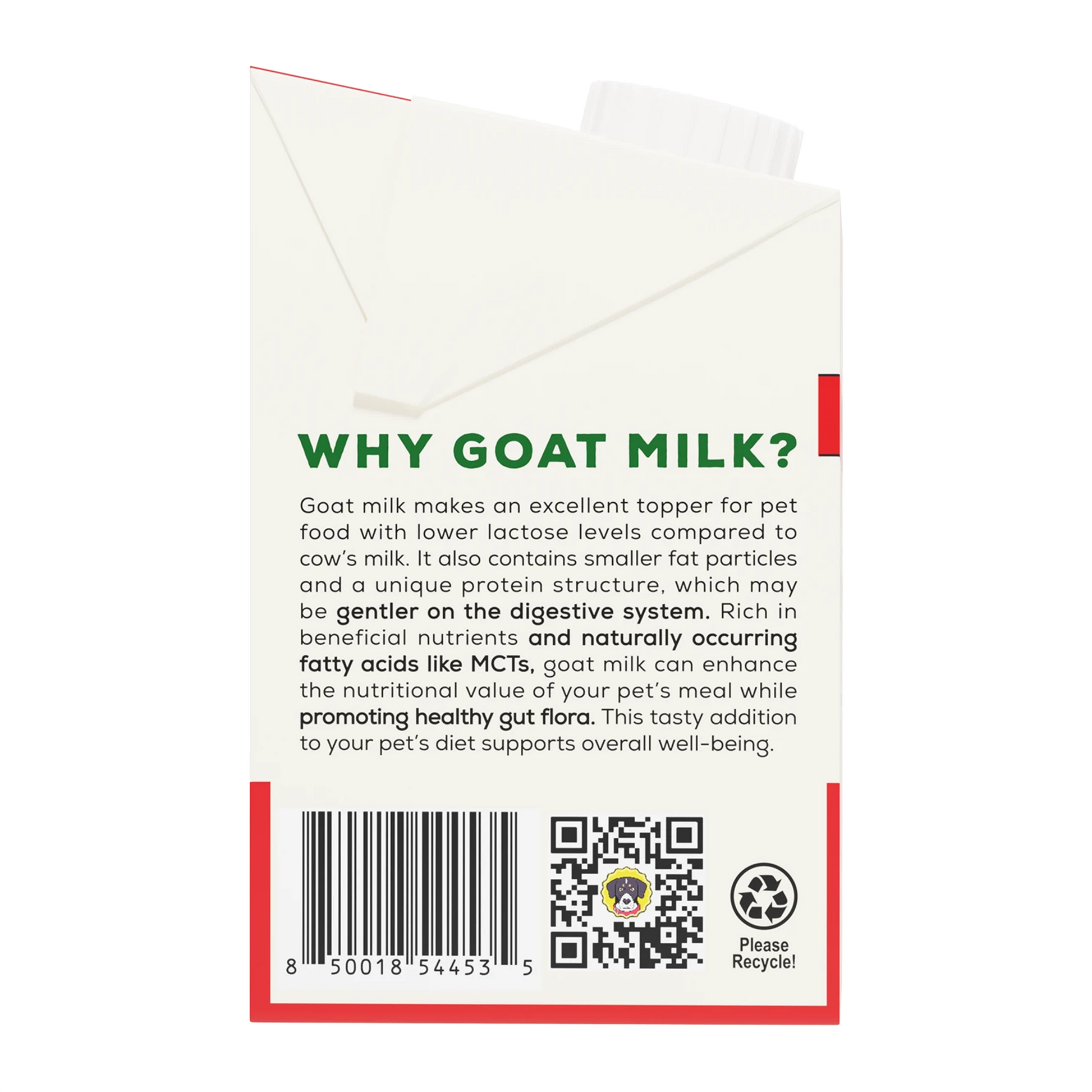 Side of Goat Milk packaging with text about goat milk and a QR code.