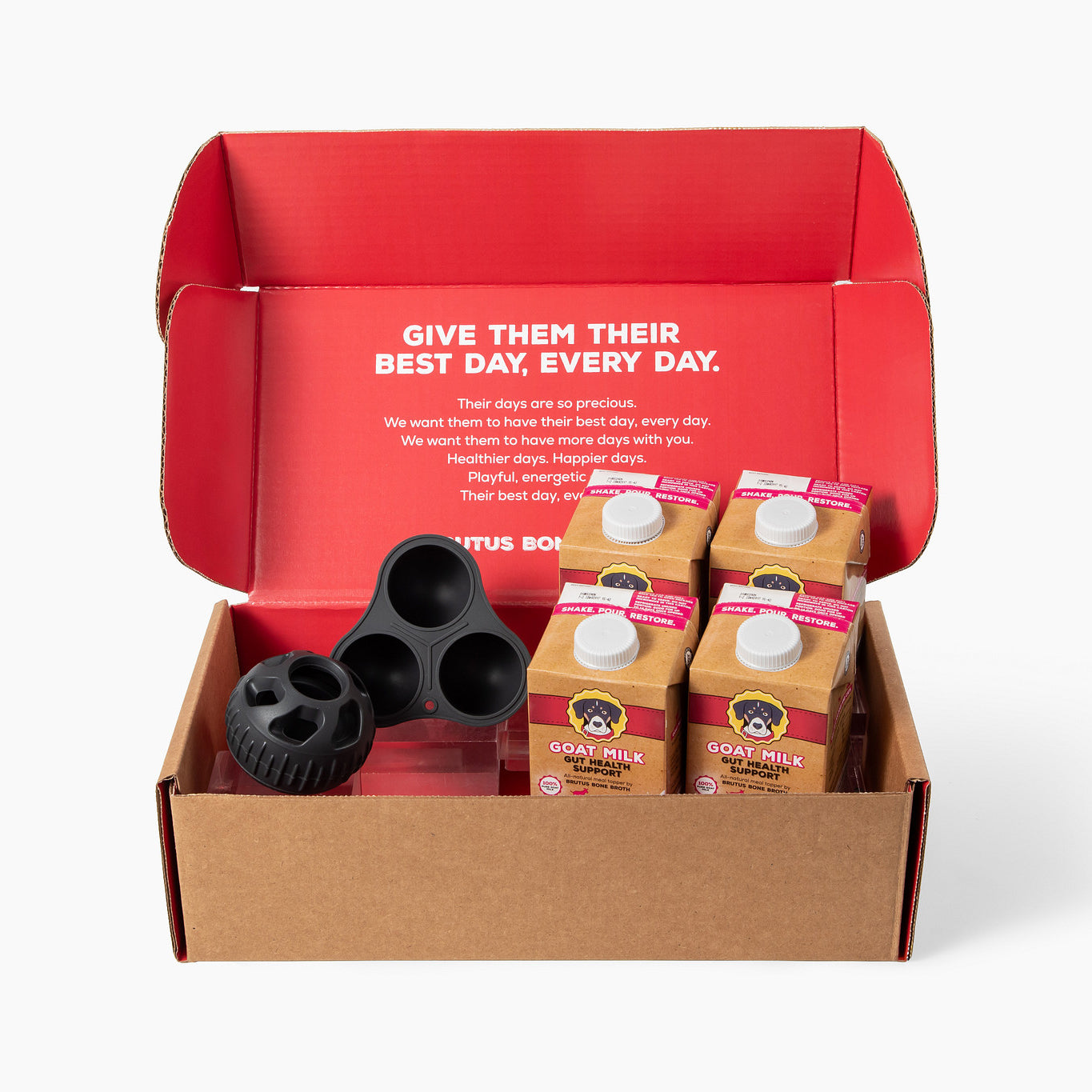 Open Goat Milk Club for Dogs box with four cartons and a black silicone ball; red lid reads GIVE THEM THEIR BEST DAY