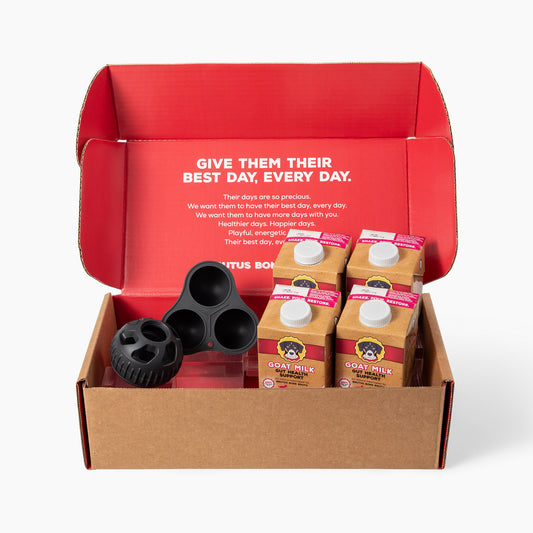 Open Goat Milk Club for Dogs box with four cartons and a black silicone ball; red lid reads GIVE THEM THEIR BEST DAY
