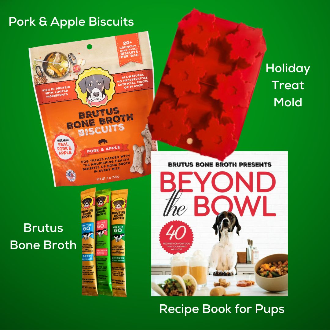 Pork & Apple biscuits, holiday treat mold, three Brutus on the Go sticks, and the Beyond the Bowl Recipe book