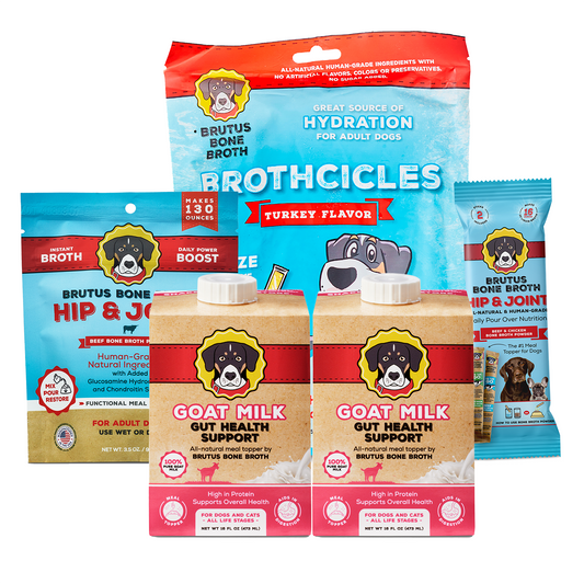 Collection of Brutus Bone Broth products including Brothcicles, Hip & Joint Beef Bone Broth Powder, Hip & Joint Beef and Chicken Bone Broth Packets, and Goat Milk on a white background.