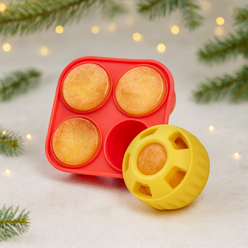 Red silicone mold filled with frozen broth and a yellow ball toy on a light background with a festive background