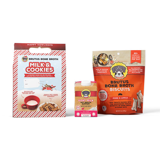 Brutus Bone Broth Milk & Cookies bundle including Pork & Apple Biscuits and Goat Milk on a white background
