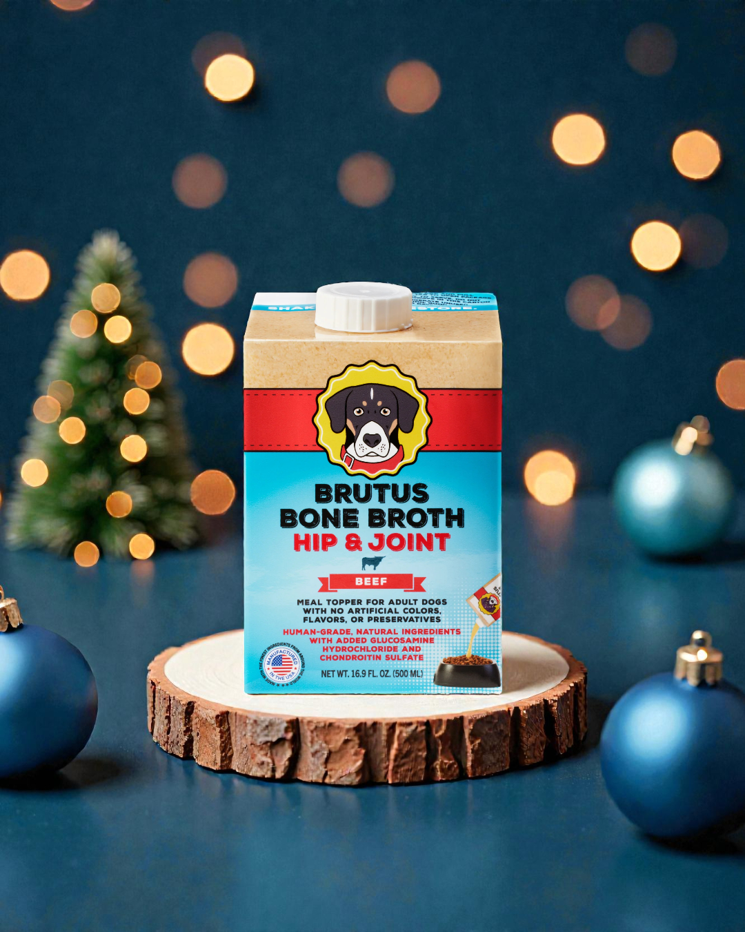 Brutus Bone Broth Beef Hip & Joint carton on a wooden stand with a festive background