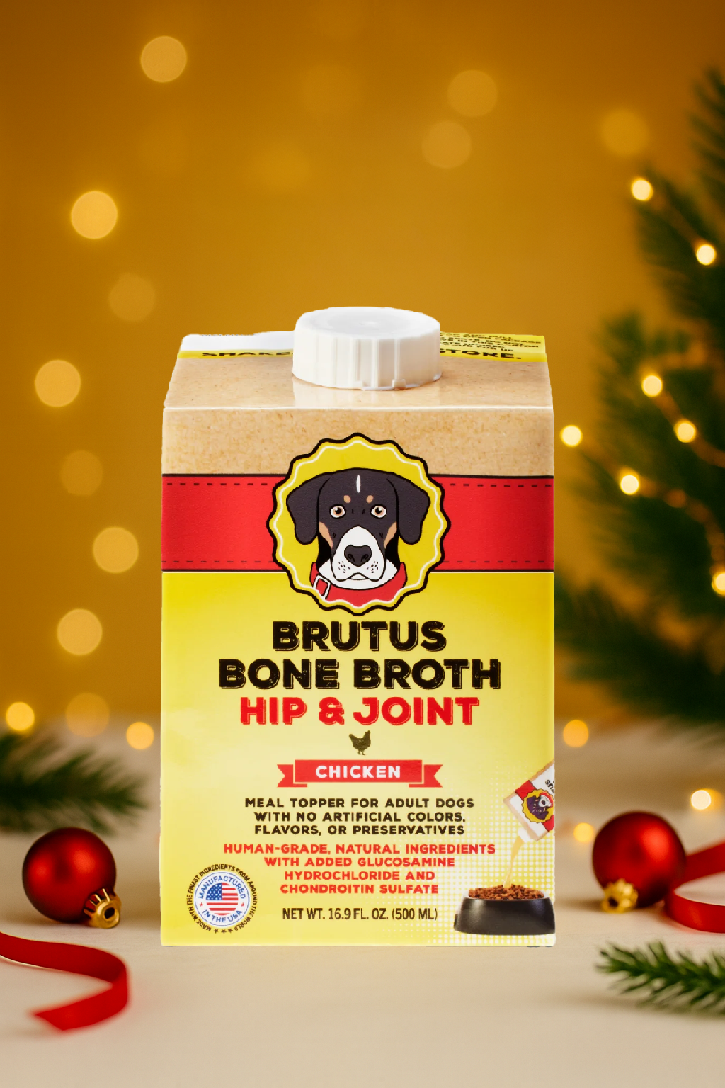 Brutus Bone Broth Chicken Hip & Joint carton with festive background