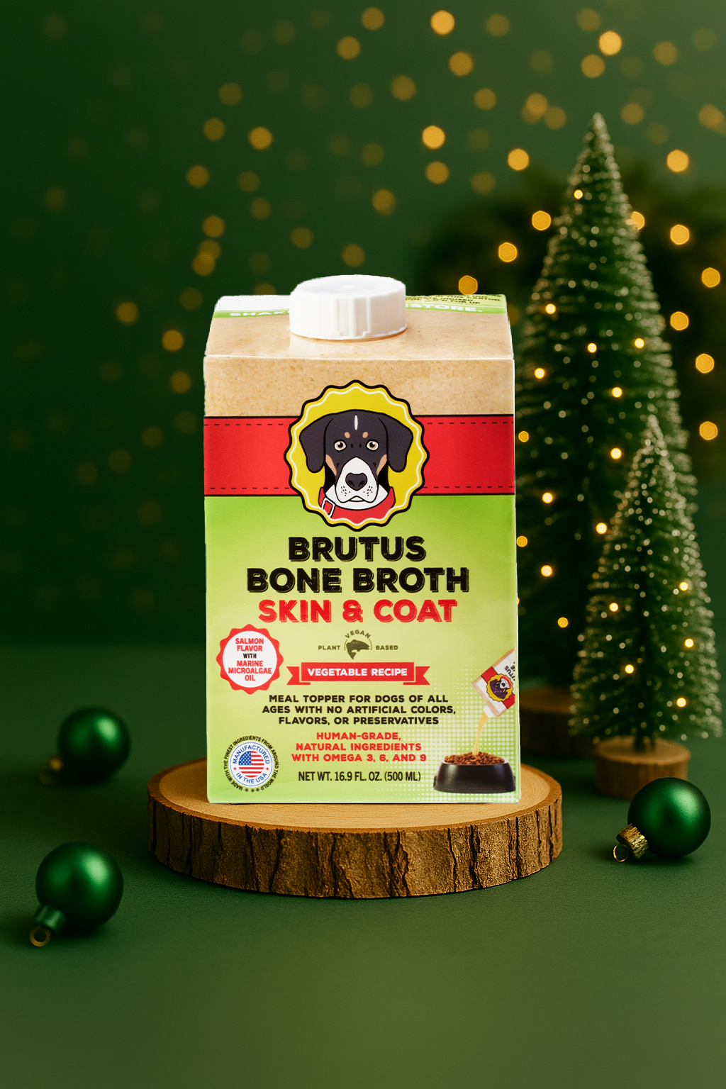 Brutus Bone Broth Vegetable Skin & Coat product packaging on a wooden stand with a festive background