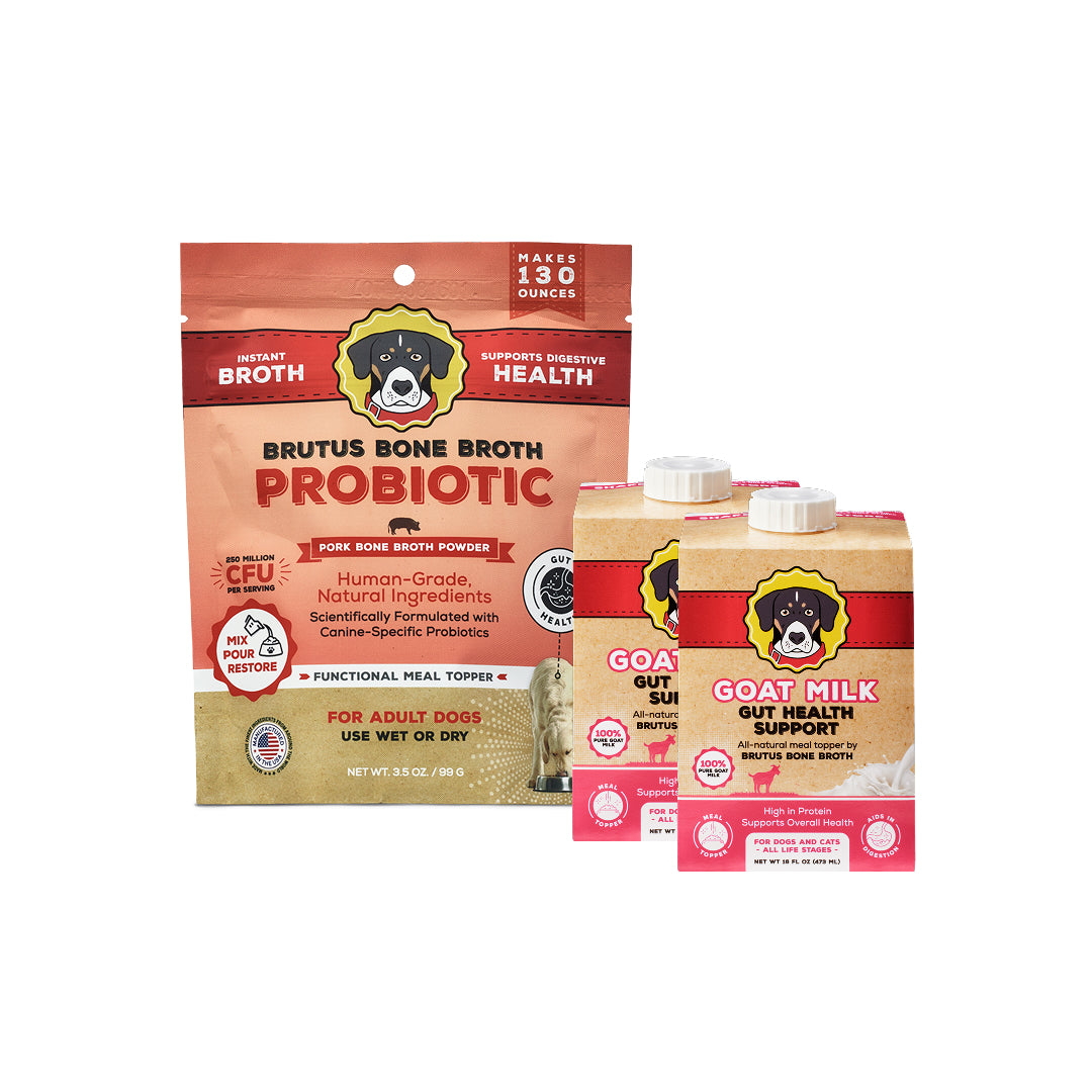 Brutus Bone Broth Probiotic packaging with goat milk cartons on a white background