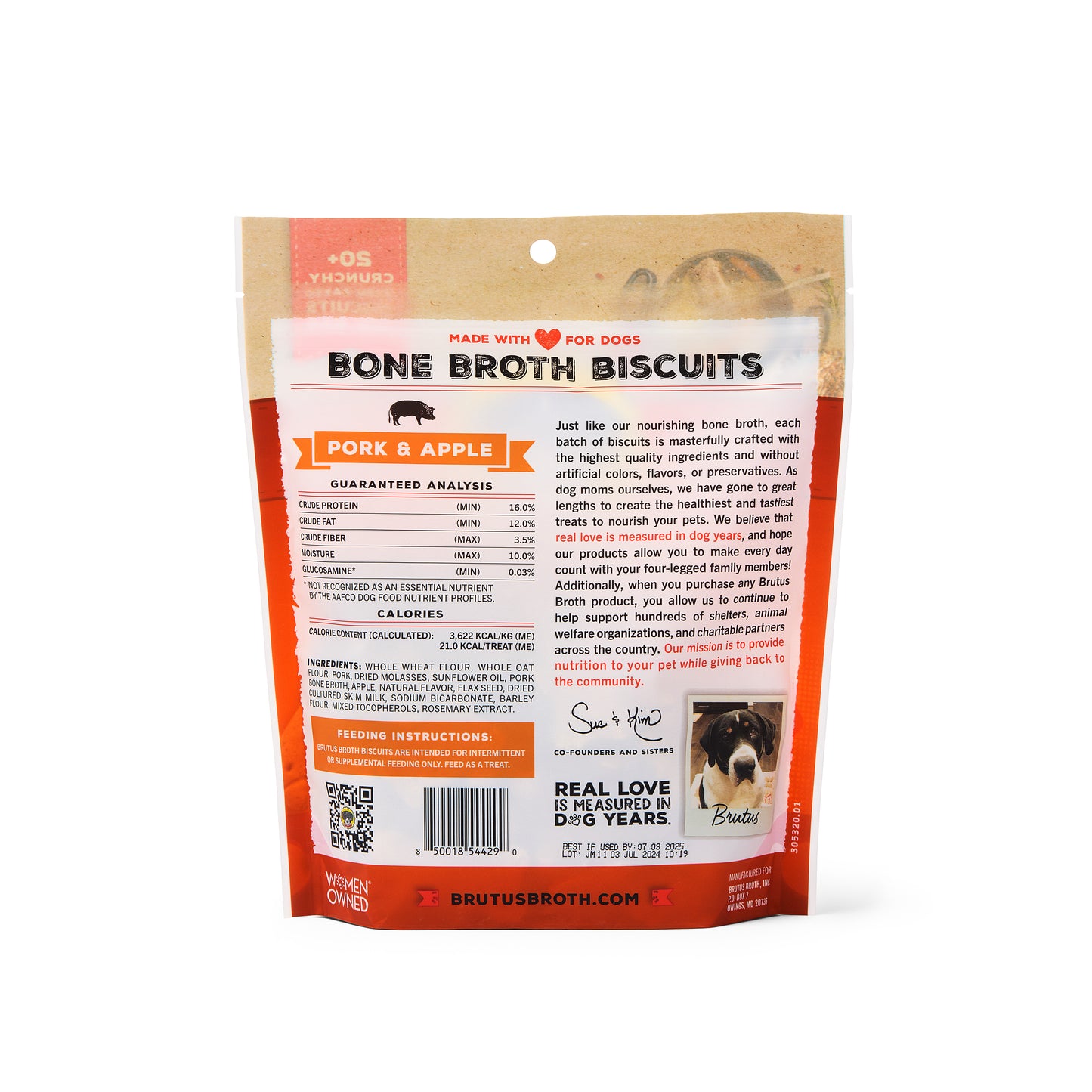 Pork & Apple Brutus Bone Broth Biscuits back of bag. See product description for nutritional analysis and feeding instructions