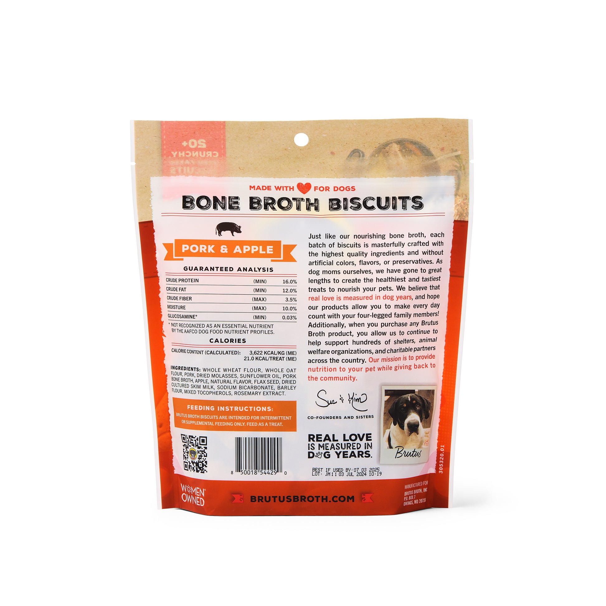 Pork & Apple Brutus Bone Broth Biscuits back of bag. See product description for nutritional analysis and feeding instructions