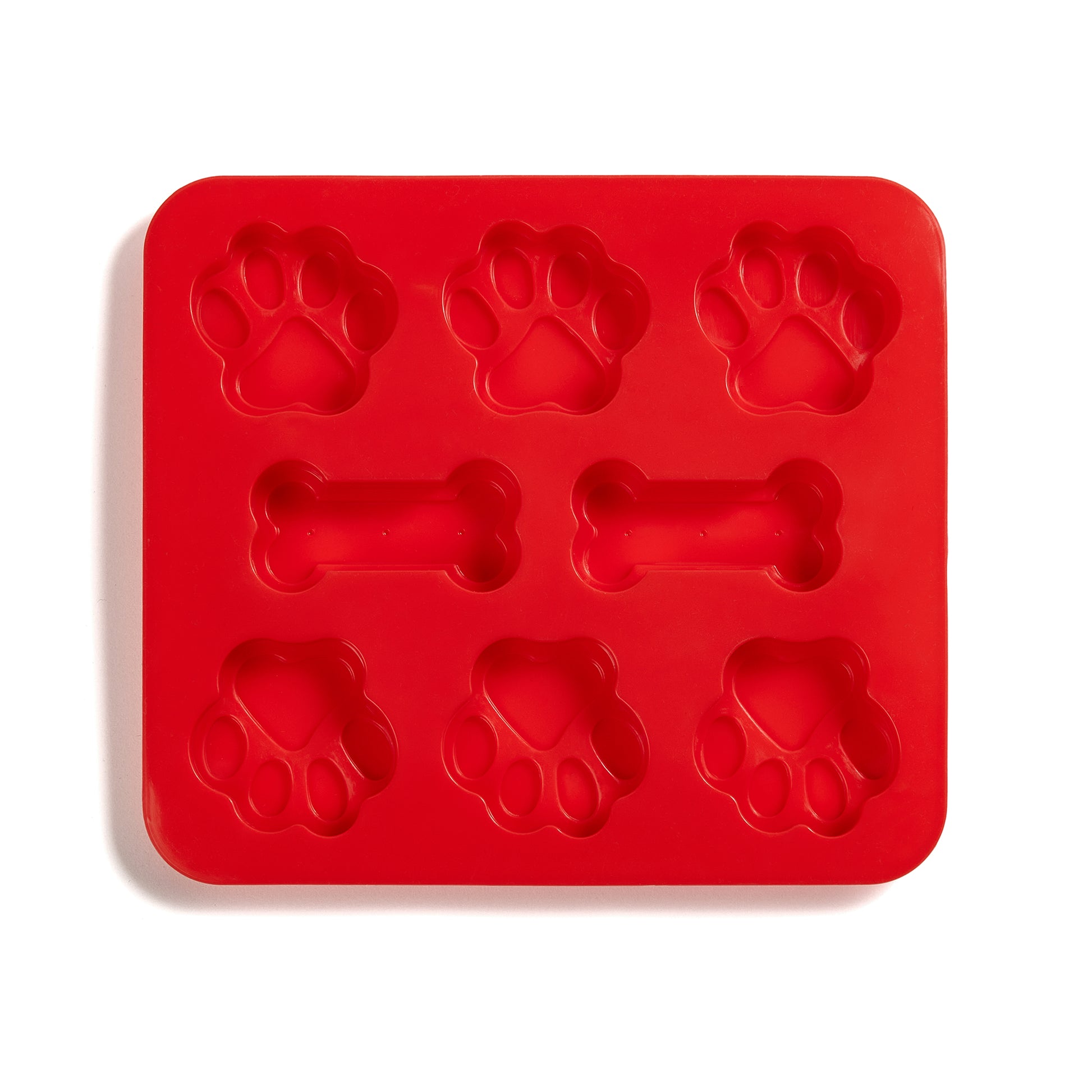 Red treat tray with bone and paw shapes