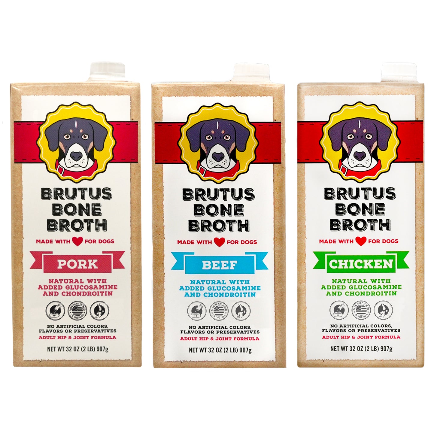 Pork broth, Beef broth, and Chicken broth