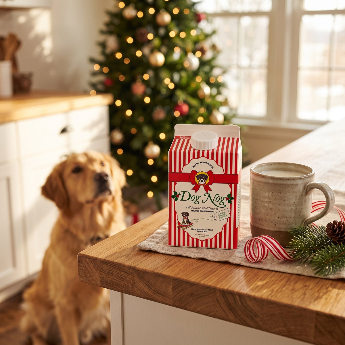 Golden retriever eyeing a Dog Nog carton on a kitchen counter by the Christmas tree