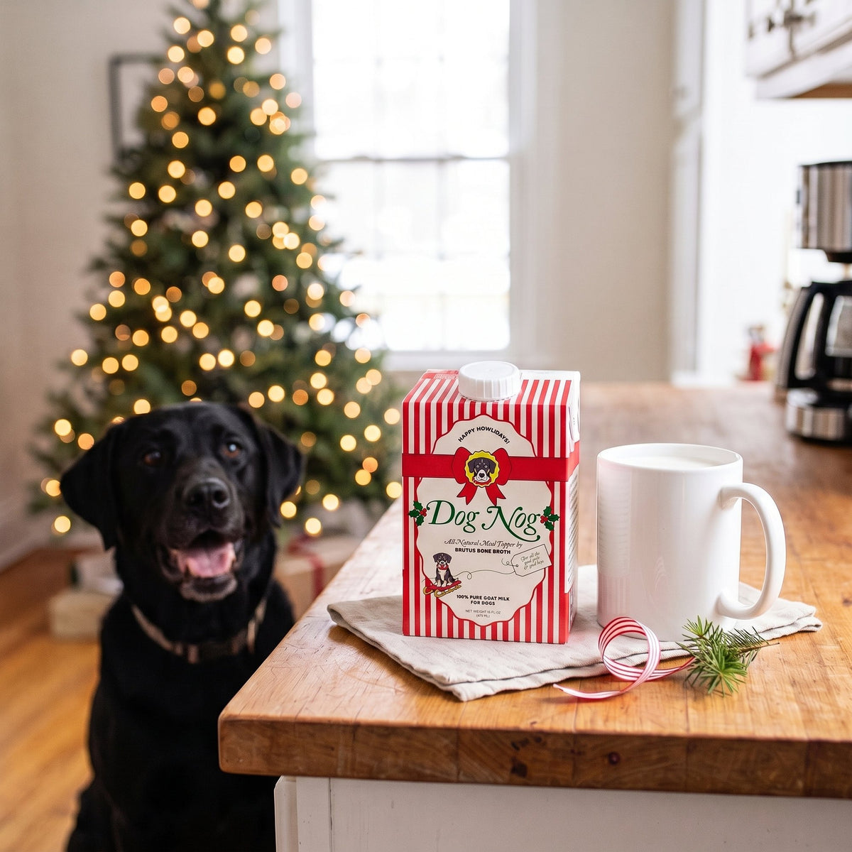 Black lab smiling next to a Dog Nog carton on a wooden kitchen counter