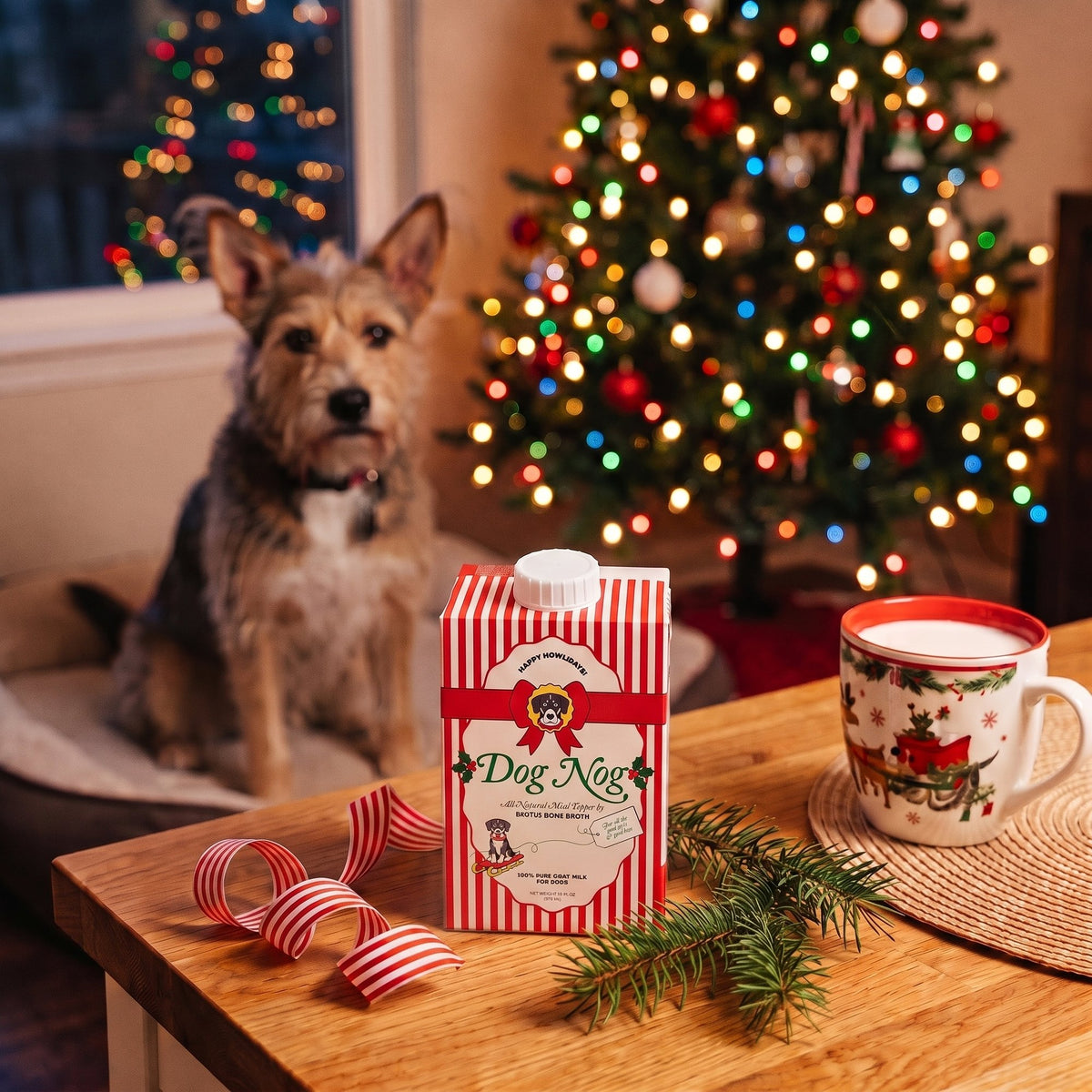 Terrier sitting by a Christmas tree behind a Dog Nog carton and a mug of goat milk