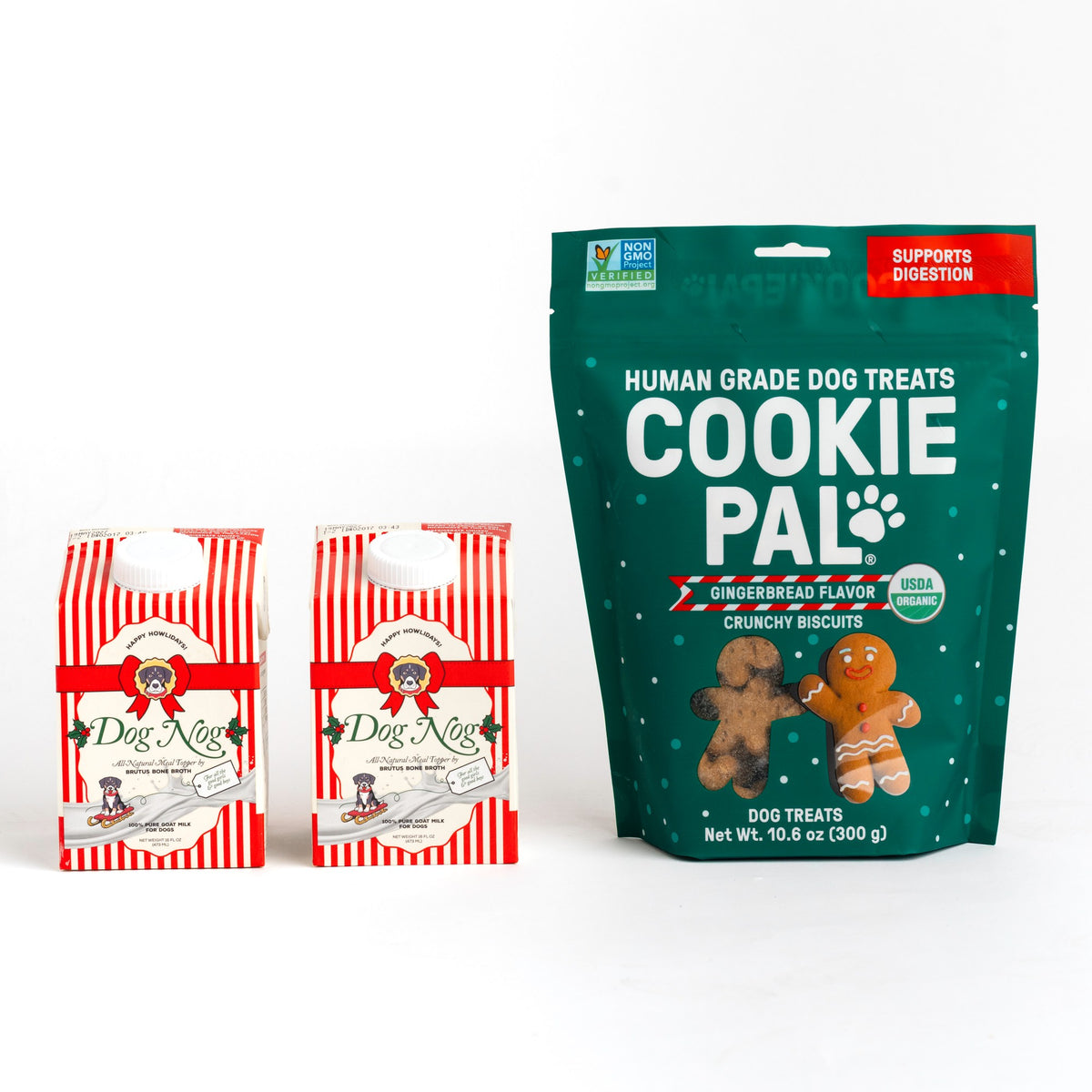 The Howliday Duo: two Dog Nog cartons and Cookie Pal Gingerbread biscuits