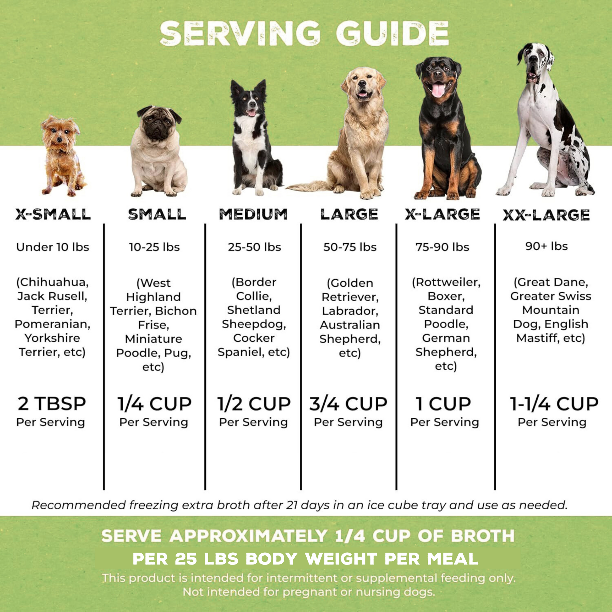 Vegetable Brutus Broth serving guide. See product description for full details.