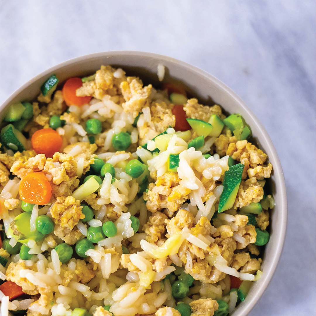 Fried rice dish made with bone broth and assorted vegetables